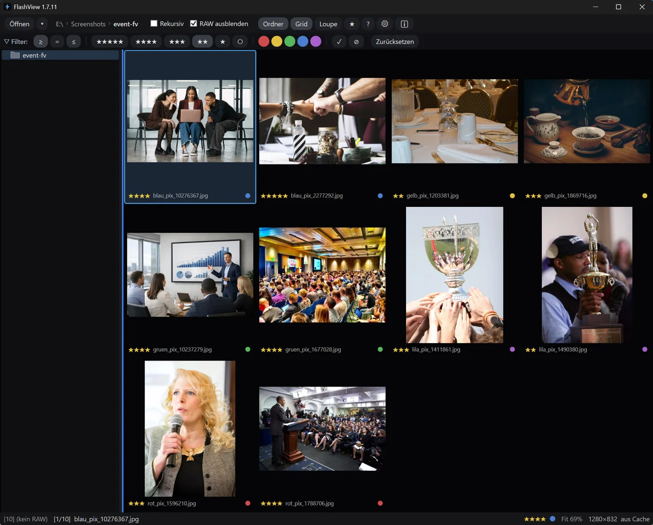 FlashView-Grid mit Konferenzfotos, jedes mit farbiger Kategorie-Markierung (rot, blau, grün, gelb, lila).