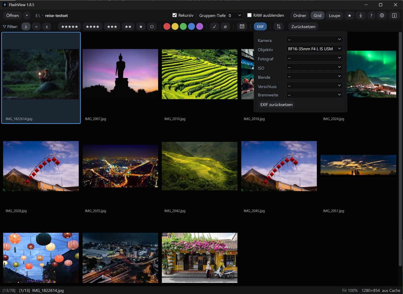 FlashView-Grid mit geöffnetem EXIF-Filter, Objektiv auf RF 16–35 gesetzt; das Raster zeigt die gefilterten Weitwinkel-Aufnahmen.