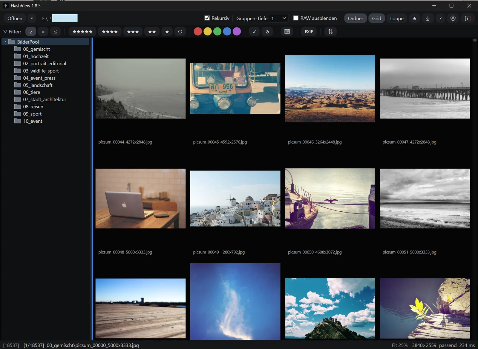 FlashView-Grid über ein großes Foto-Archiv, links der Ordnerbaum über alle Kategorien, rekursiv geöffnet – über 18.000 Bilder.