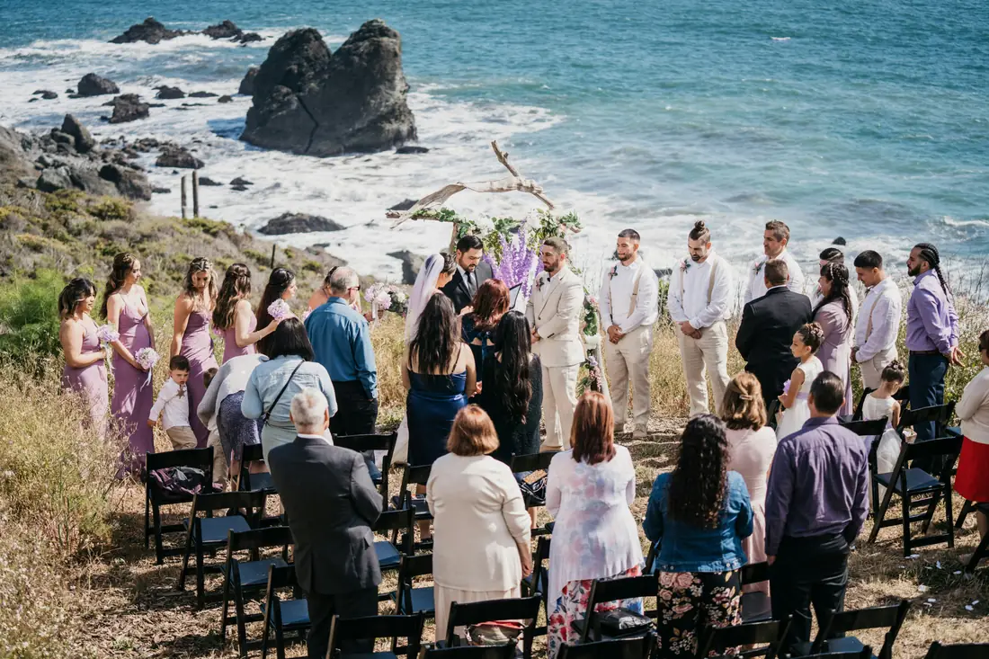 Coastal outdoor ceremony in progress: guests in rows of chairs, the couple with the officiant at a driftwood arch, ocean behind.