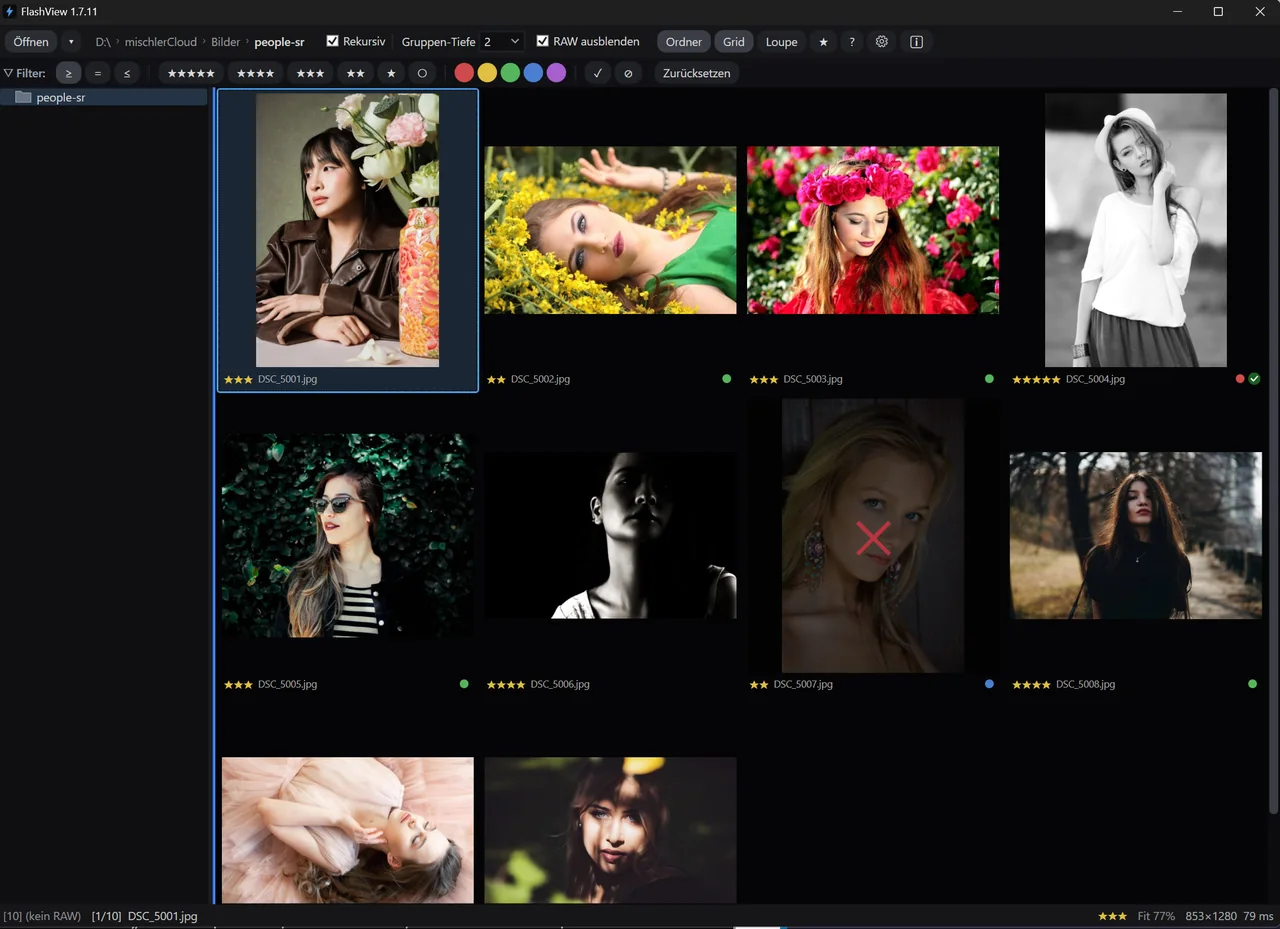 FlashView am Windows-Desktop zeigt denselben Ordner mit identischen Sternen, Farben und Picks wie StarRate.