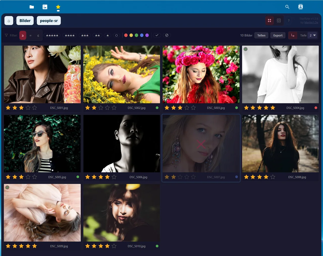 StarRate im Browser: ein geteilter Bildordner als Galerie, jedes Bild mit Sternen, Farben und Picks.