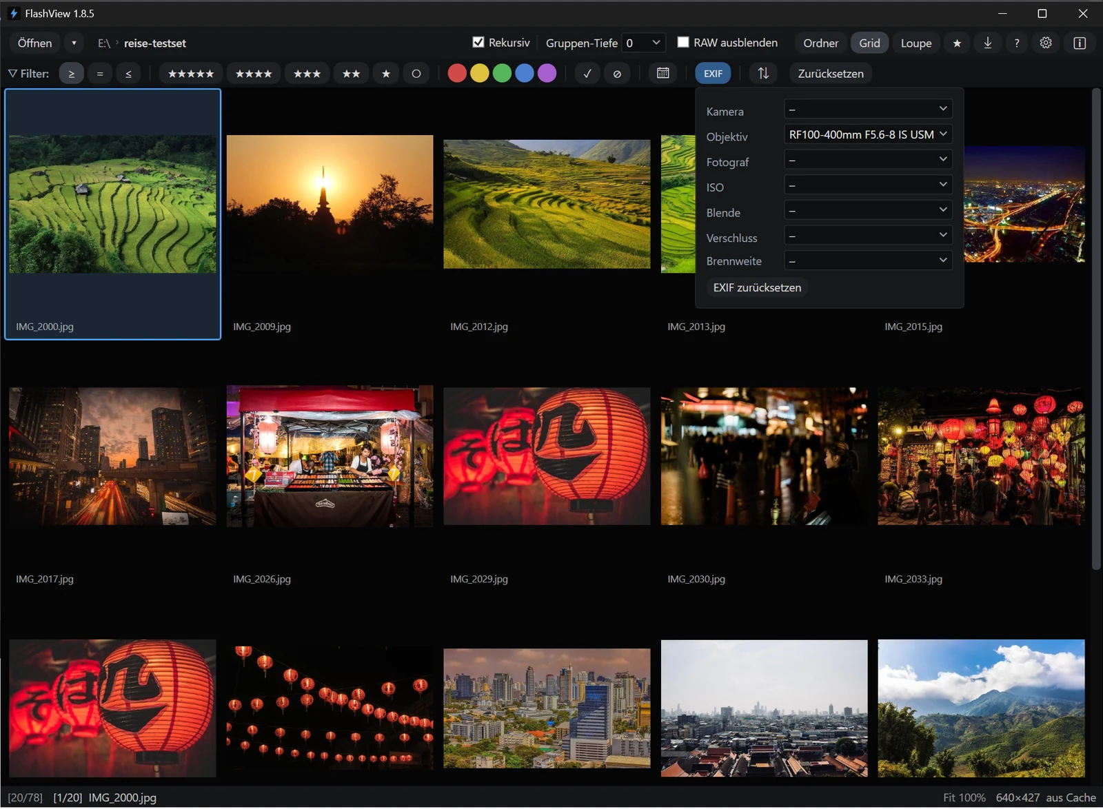FlashView grid with the EXIF filter open, lens set to RF100-400; the grid shows the filtered frames from the trip.