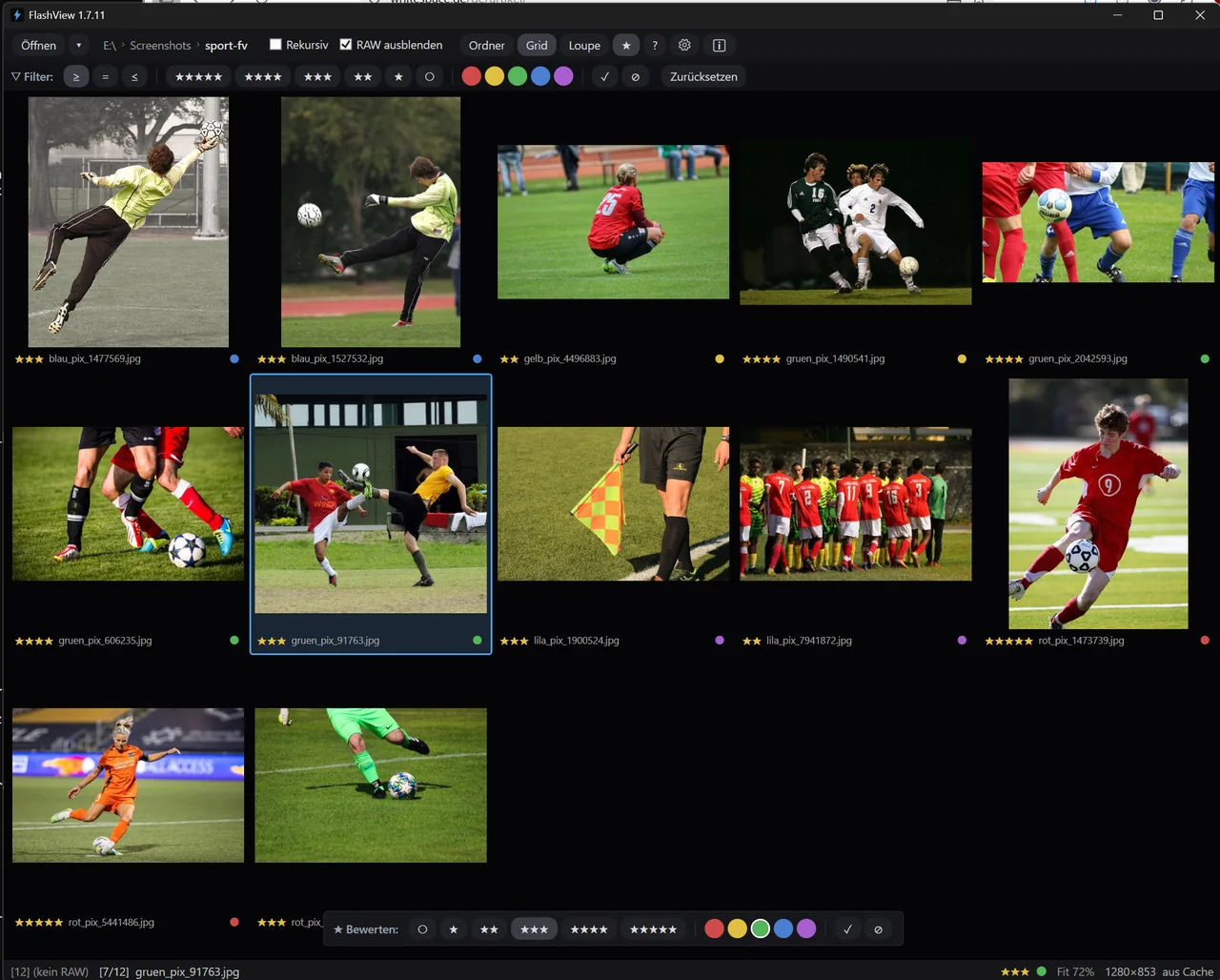 FlashView grid of football photos, each with a colored category mark (red, blue, green, yellow, purple).
