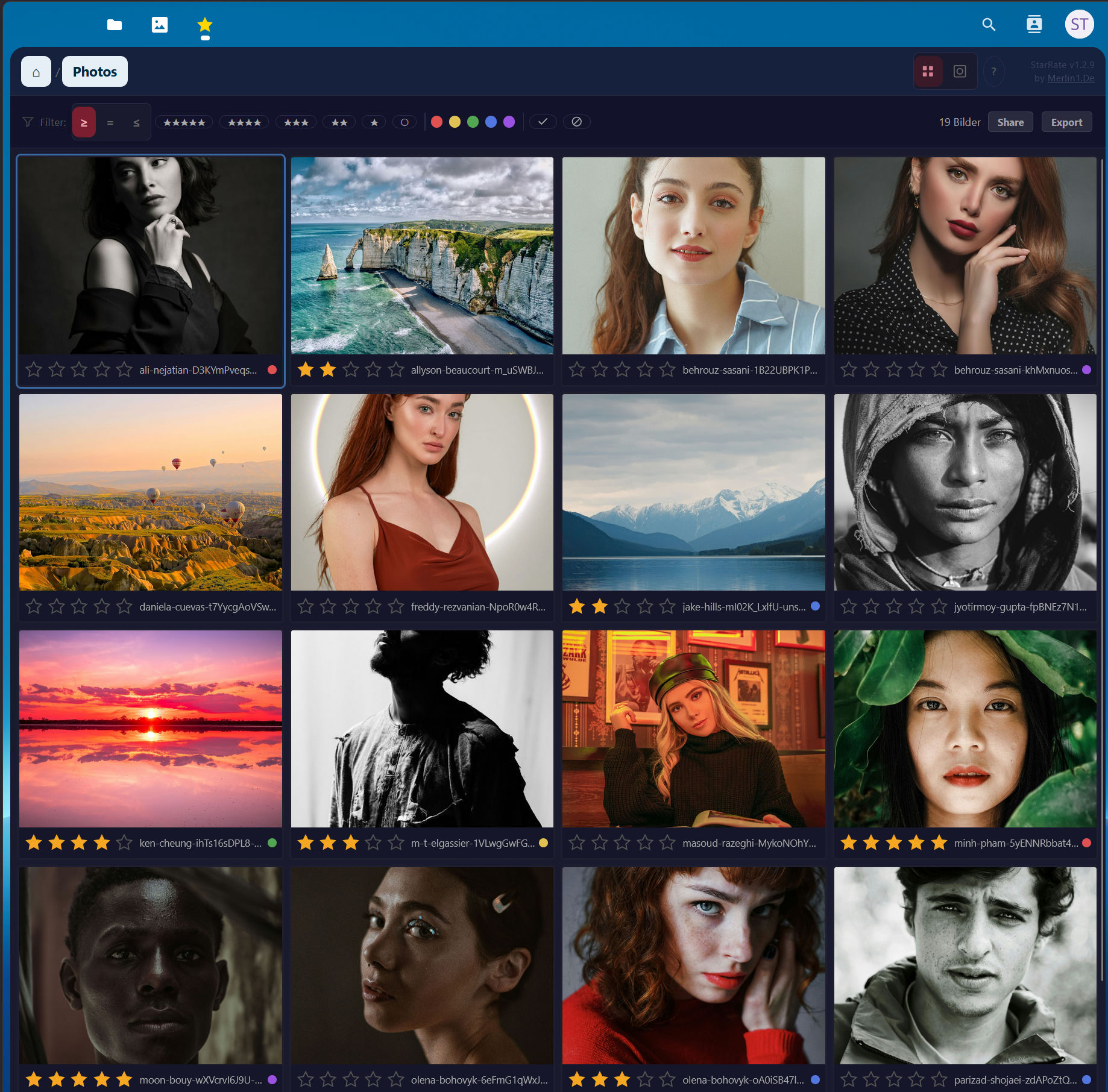 Grid view with star ratings and color labels