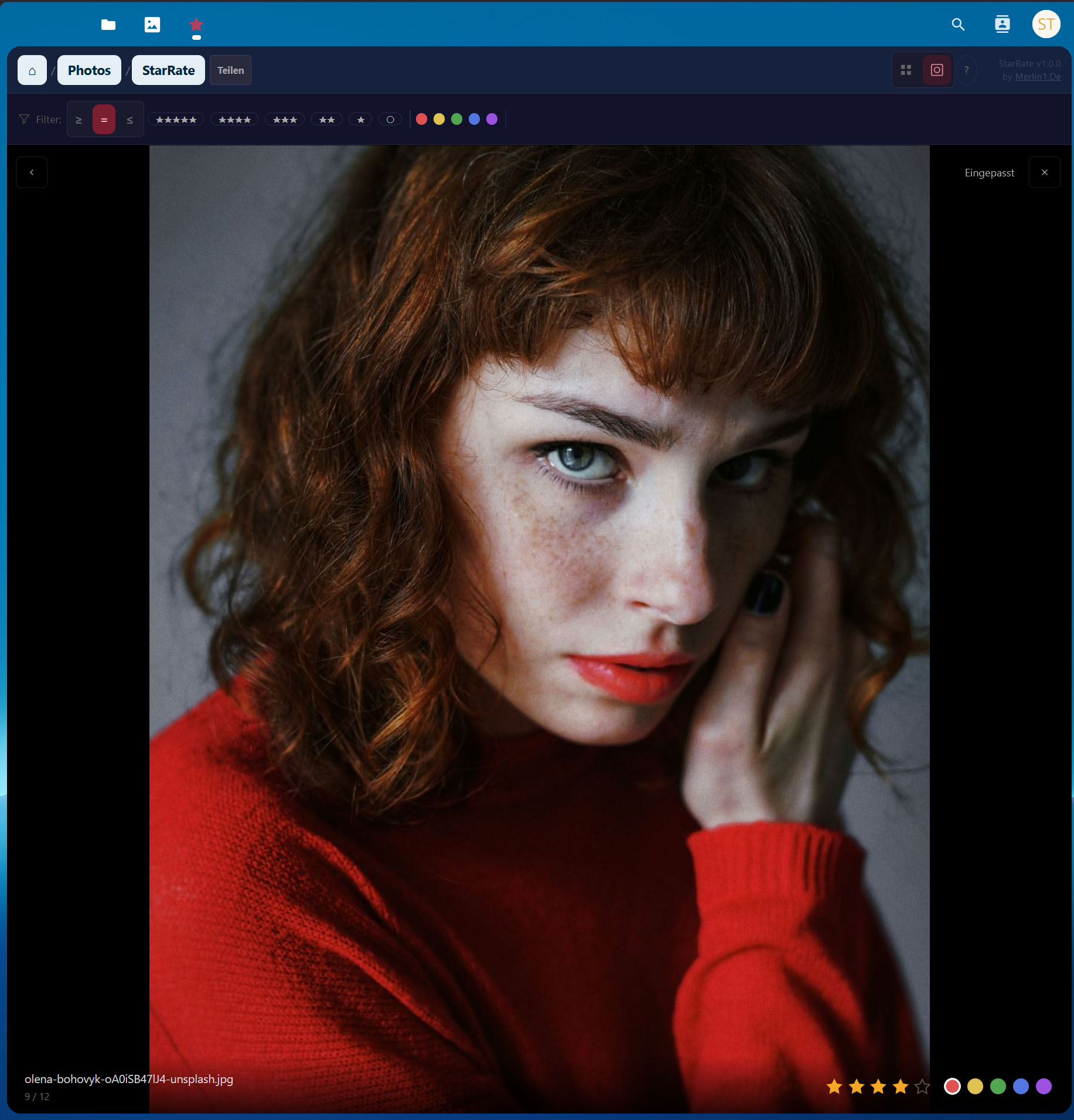 Loupe view with zoom and rating controls